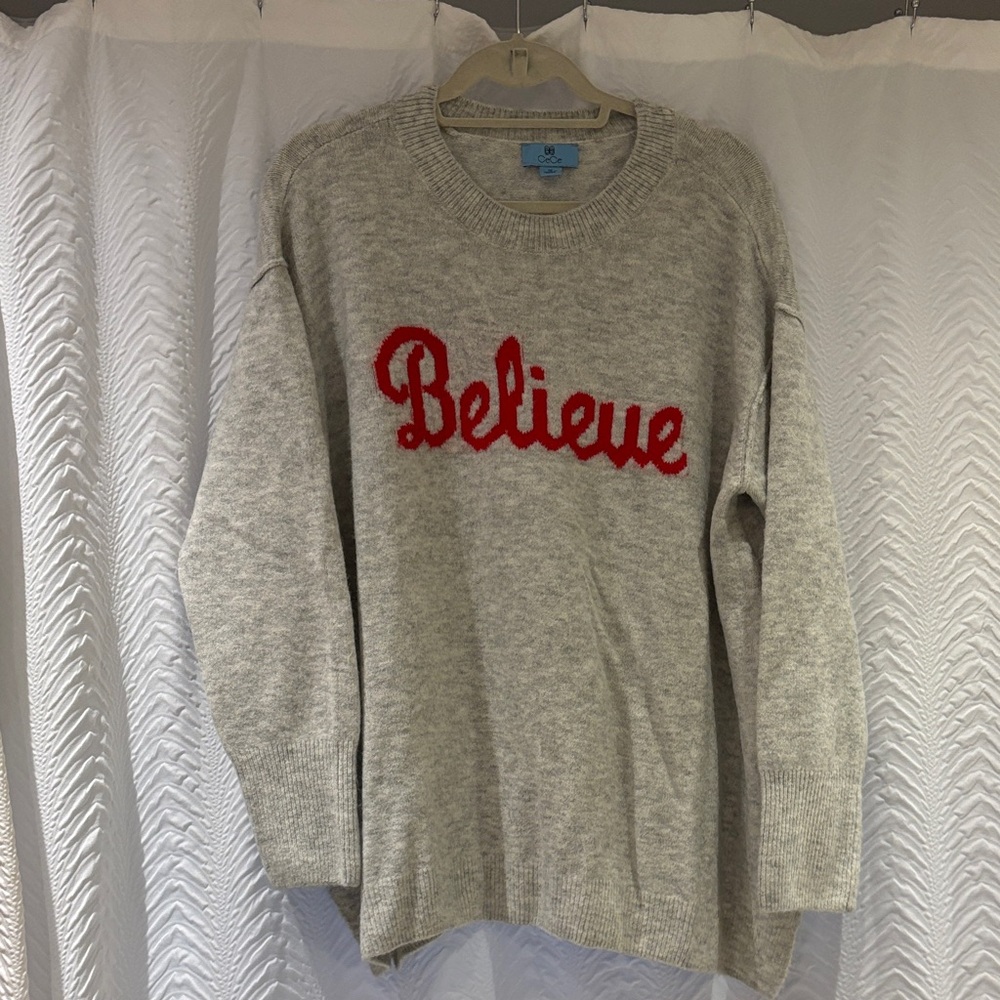 CeCe Gray Crewneck Sweater with Red 'Believe' Text